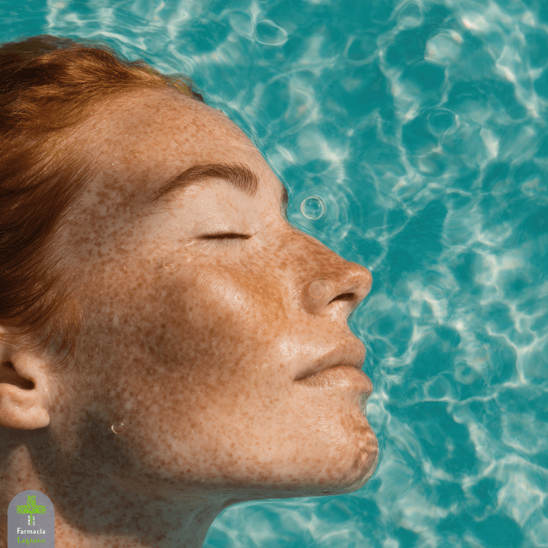 Primo piano del viso di una donna lentigginosa che galleggia in acqua con gli occhi chiusi, immagine evocativa dei segni lasciati dal sole sulla pelle e dell’importanza di trattare le discromie cutanee.