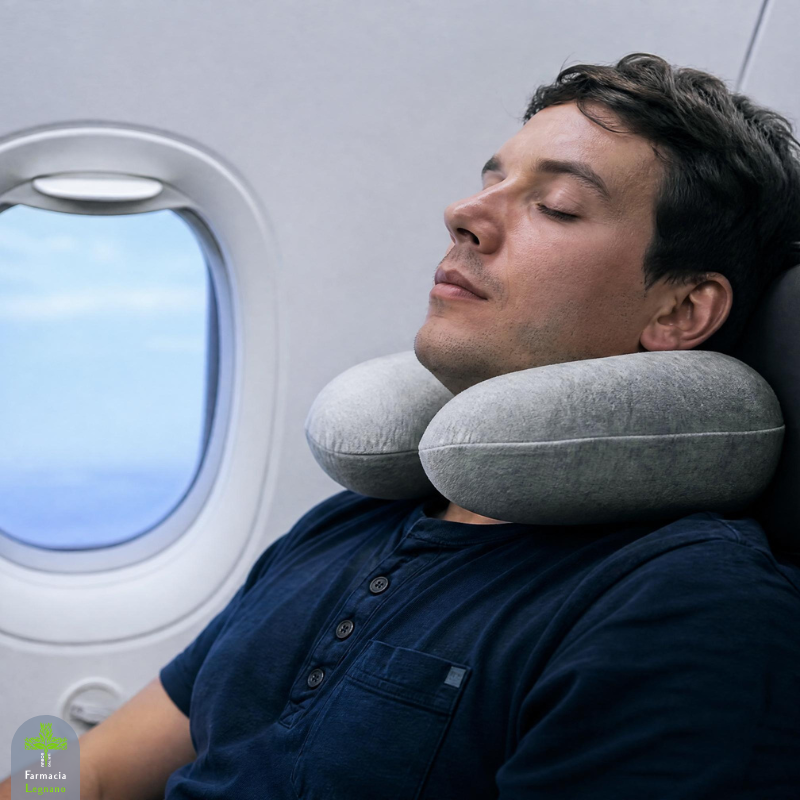 Uomo che riposa in aereo con un cuscino da viaggio, immagine dedicata ai consigli per prevenire e gestire il jet lag