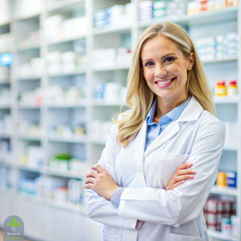 Farmacista sorridente in camice bianco all'interno di una farmacia, davanti agli scaffali con prodotti e medicinali. In occasione della Giornata mondiale del farmacista